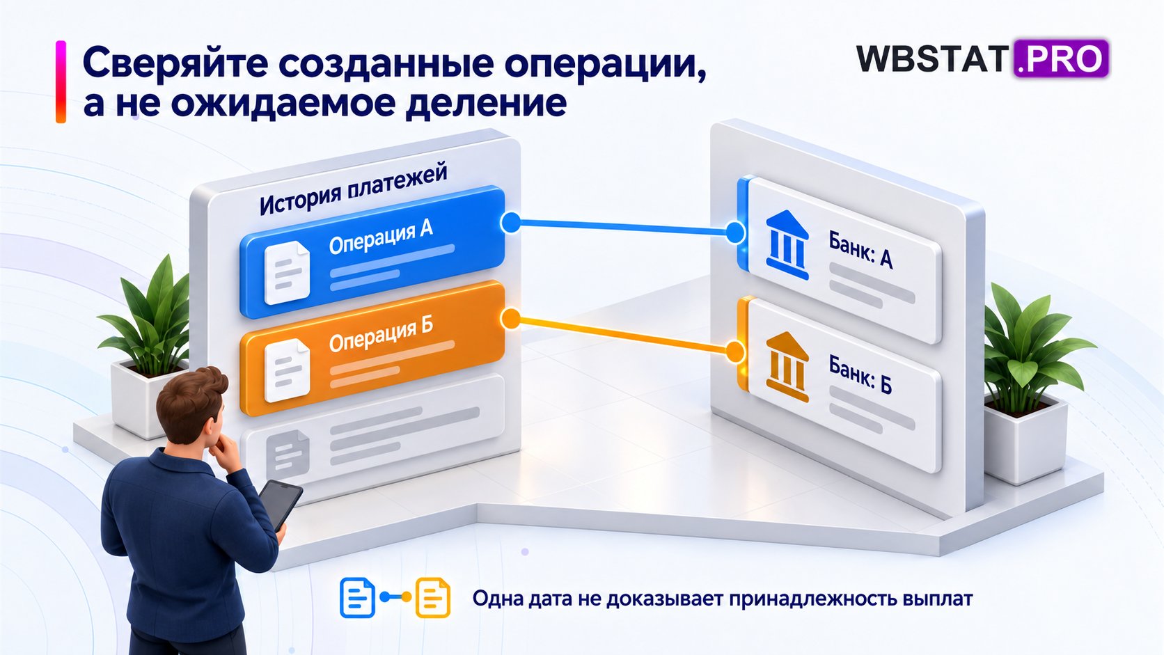 Отдельное сопоставление фактических операций с банковскими поступлениями.