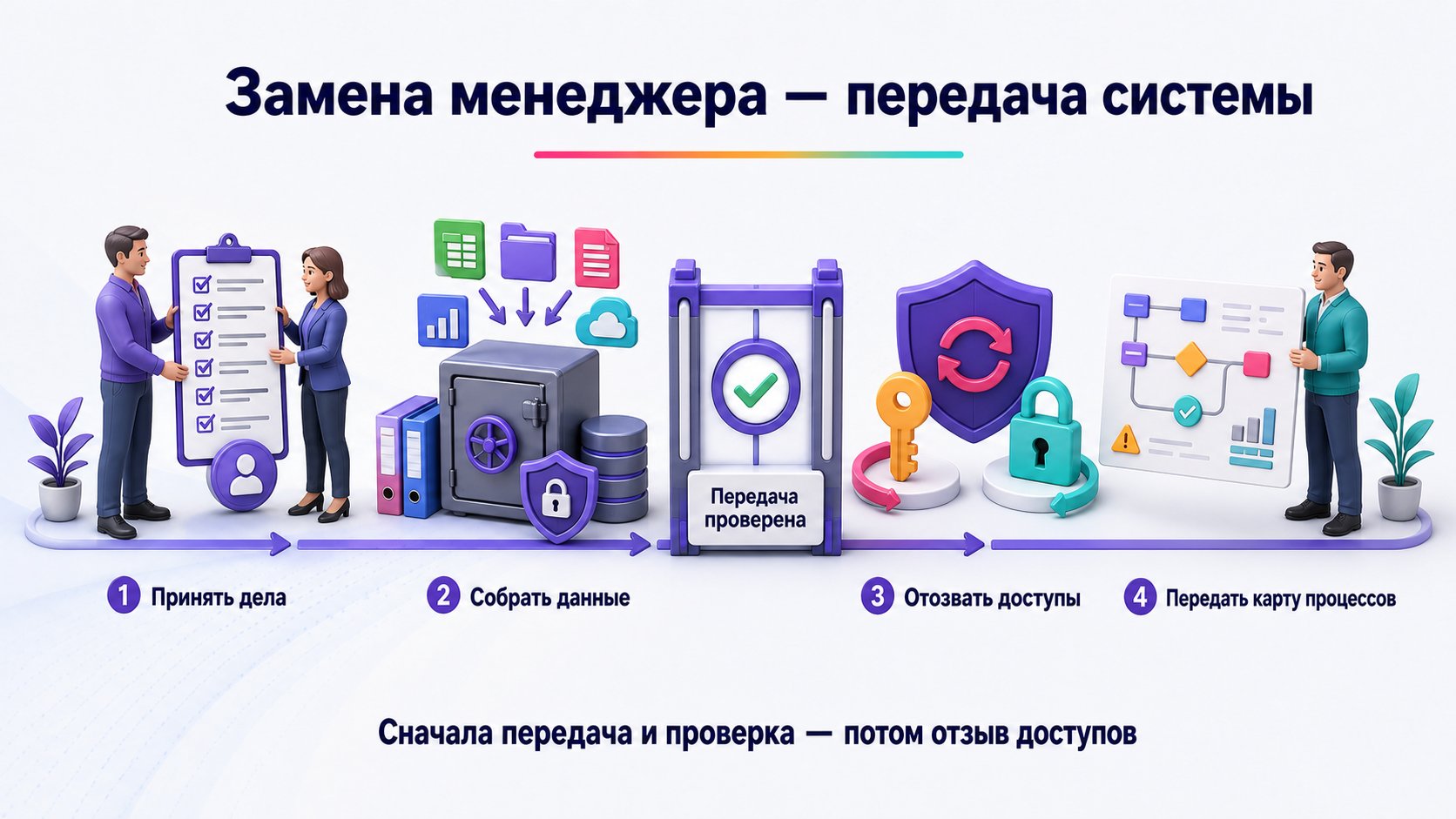 Как заменить менеджера и не потерять доступы, данные и процессы — Сначала примите дела и данные, затем отзовите доступы и передайте новому менеджеру актуальную карту процессов.