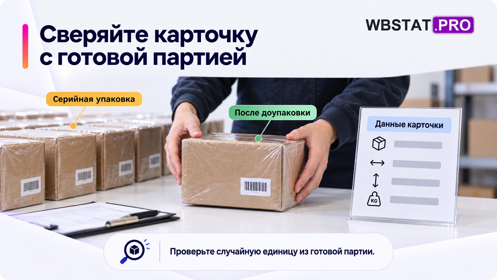 Замер серийной упаковки после доупаковки сверяется с карточкой товара.