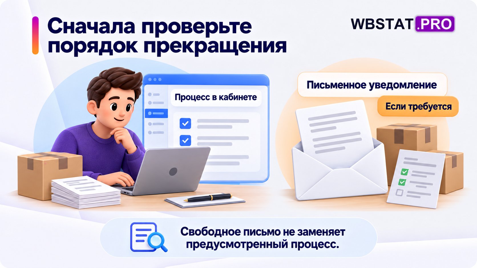 Продавец проверяет процесс прекращения в кабинете и необходимость письменного уведомления.