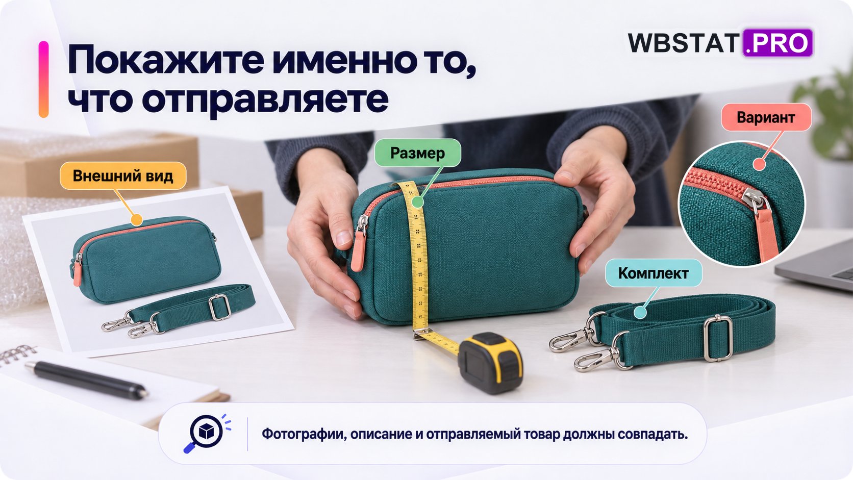 Сумка и её фотография: проверка внешнего вида, размера, комплекта и варианта.