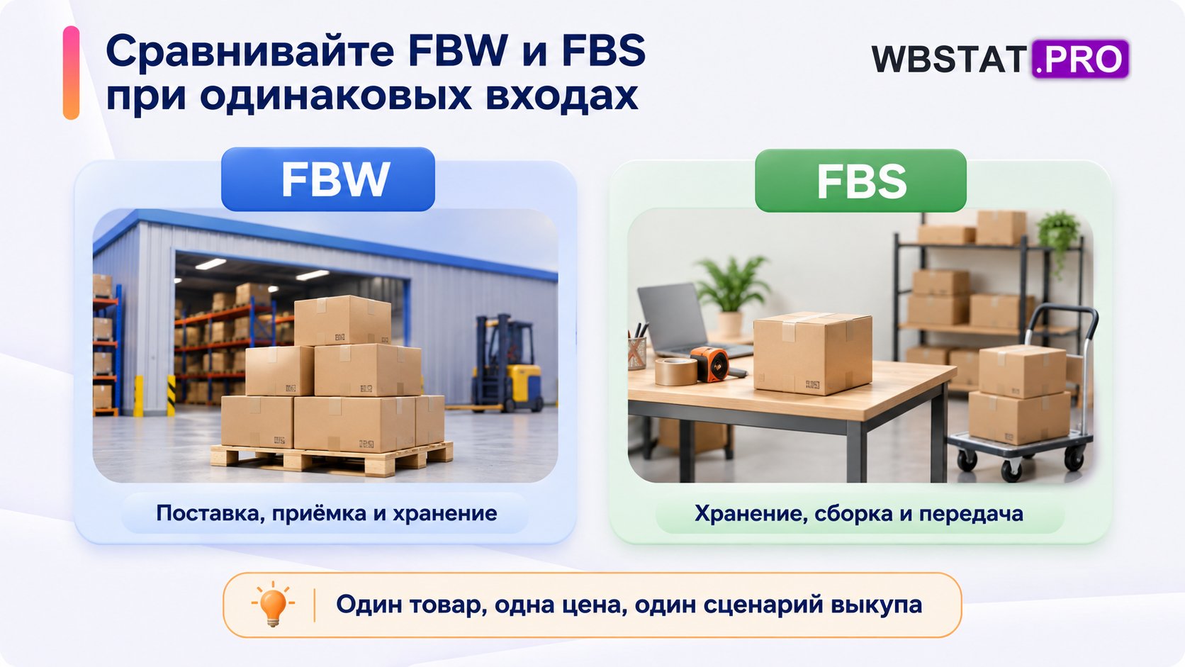 Сравнение операционных статей FBW и FBS при одинаковом товаре, цене и сценарии выкупа.