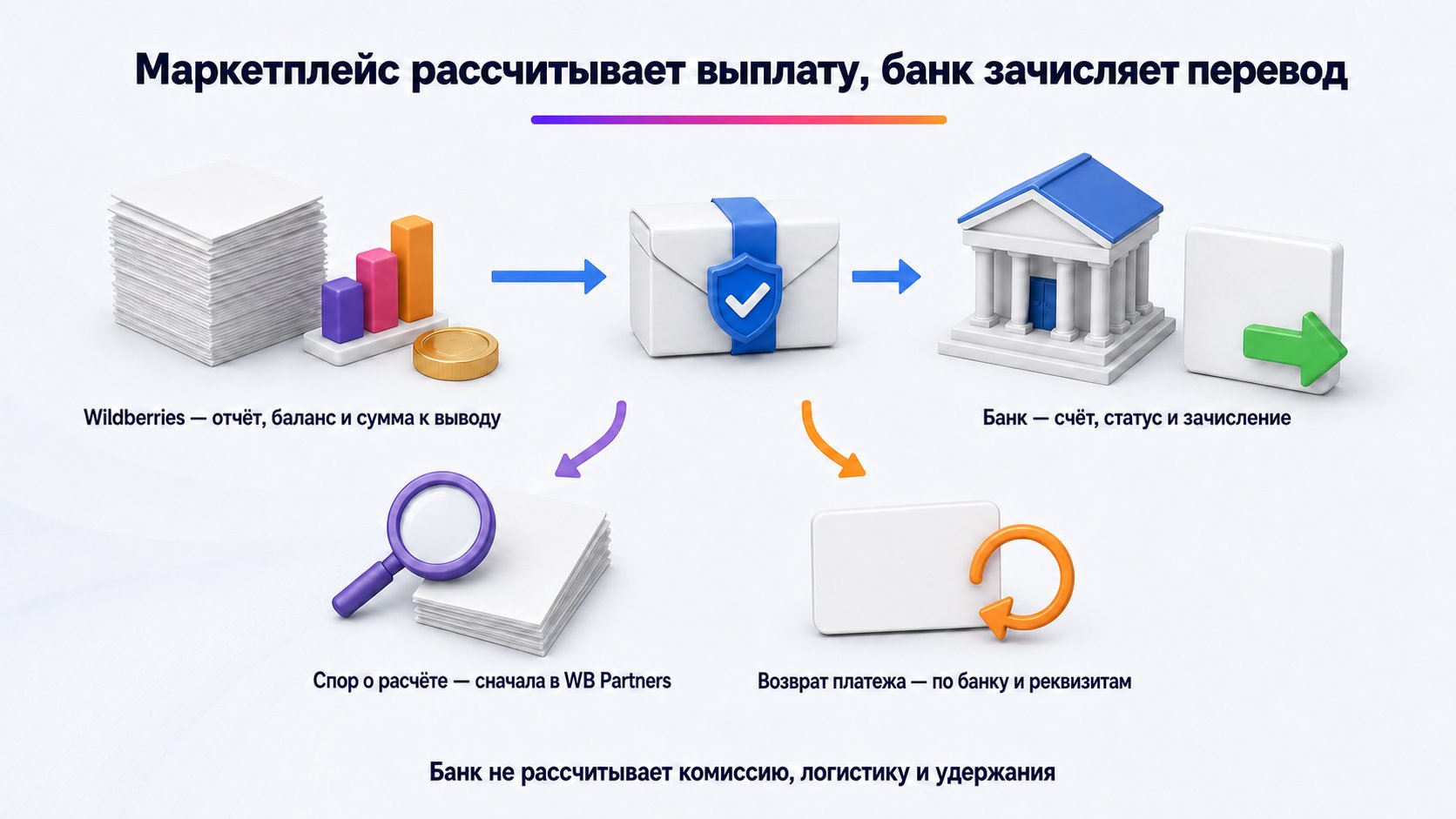 Как банк участвует в работе продавца на Wildberries — Маркетплейс отвечает за расчёт суммы, банк — за приём и движение уже сформированного платежа.