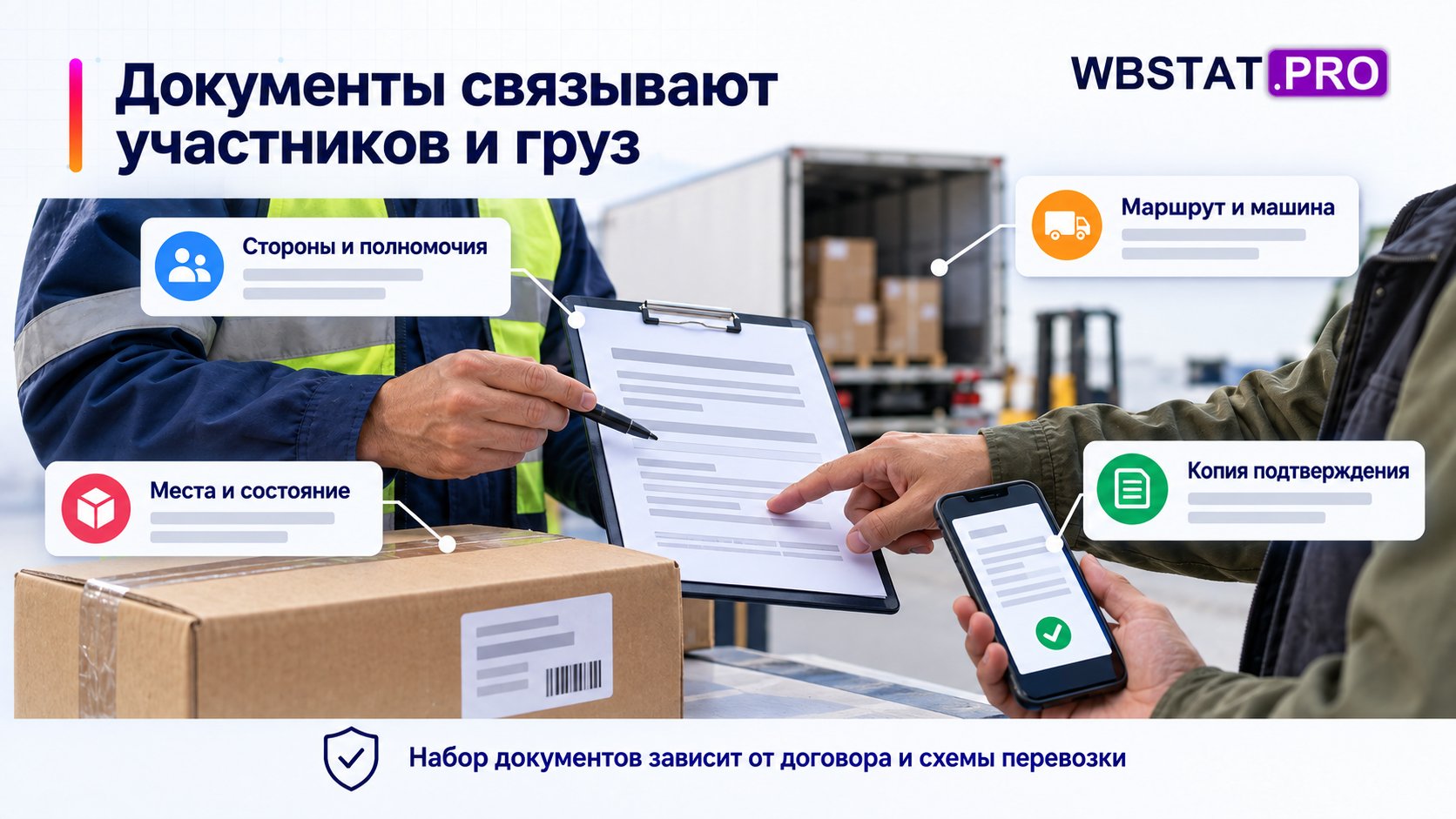 Подтверждение связывает конкретных участников, маршрут и состояние грузовых мест.; Форма зависит от схемы; полномочия принимающего и сохранённая копия существенны.