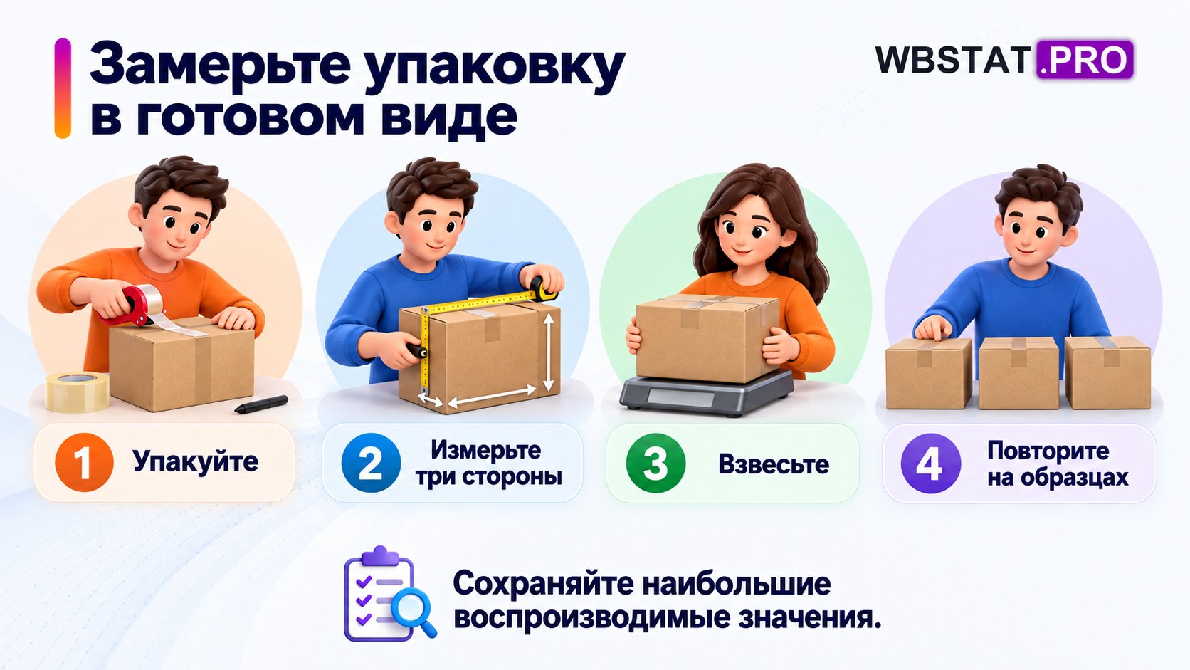 Упаковка, обмер трёх сторон, взвешивание и повторная проверка образцов.