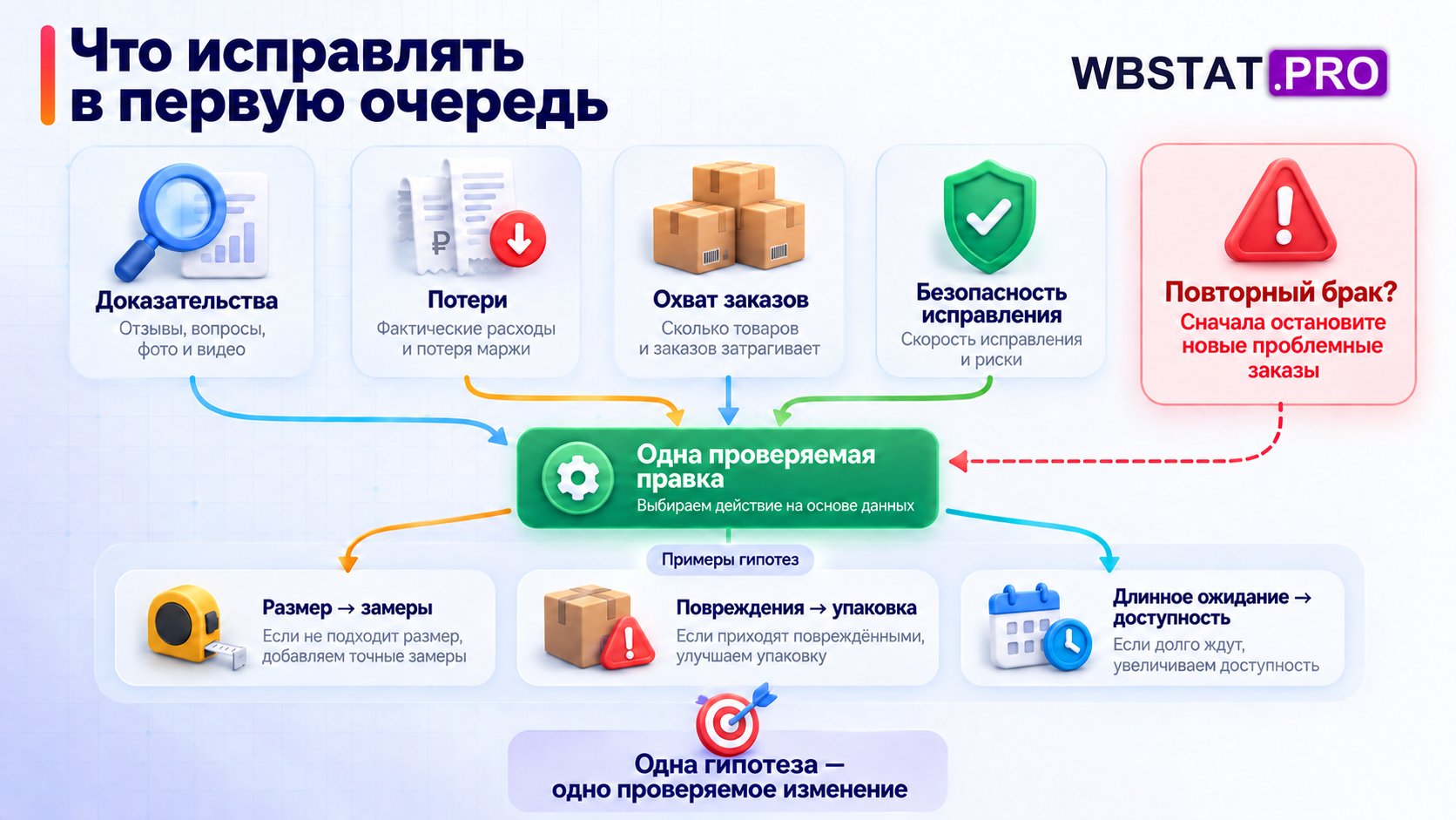 Приоритет выбирается по доказательствам, потерям, охвату и безопасности, после чего проверяют одно изменение.