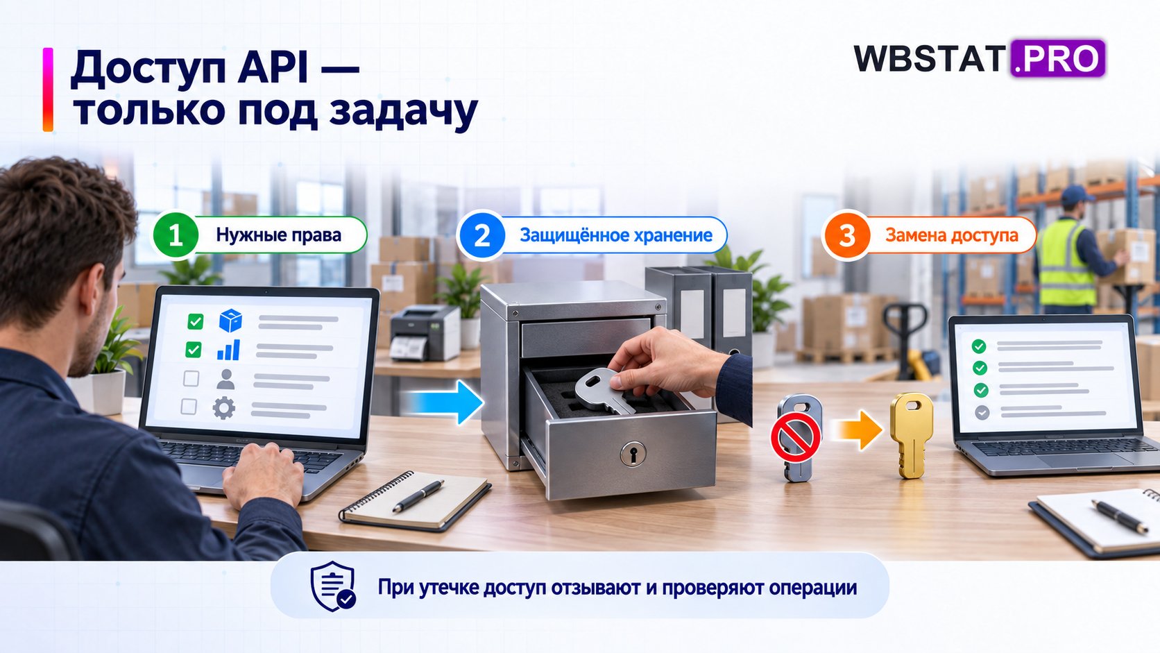 Доступ выделяют под конкретную интеграцию и хранят секрет защищённо.; При утечке отзывают старый доступ, заменяют и проверяют журнал операций.
