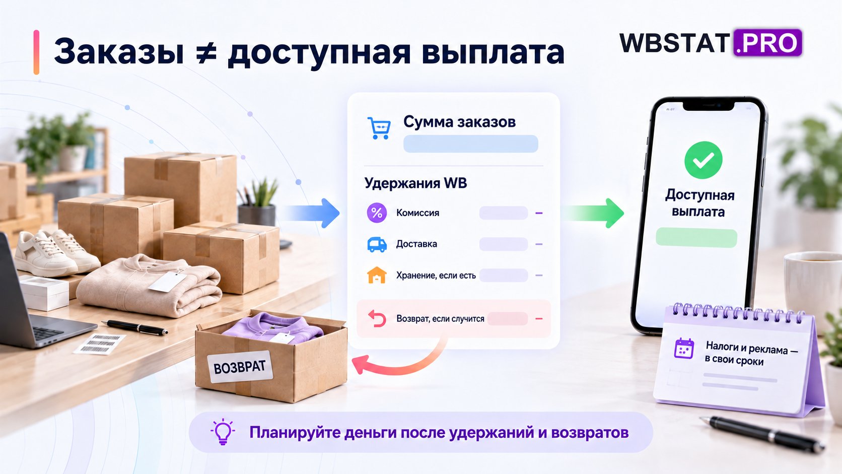 Из суммы заказов вычитаются удержания; возврат может уменьшить доступную выплату.