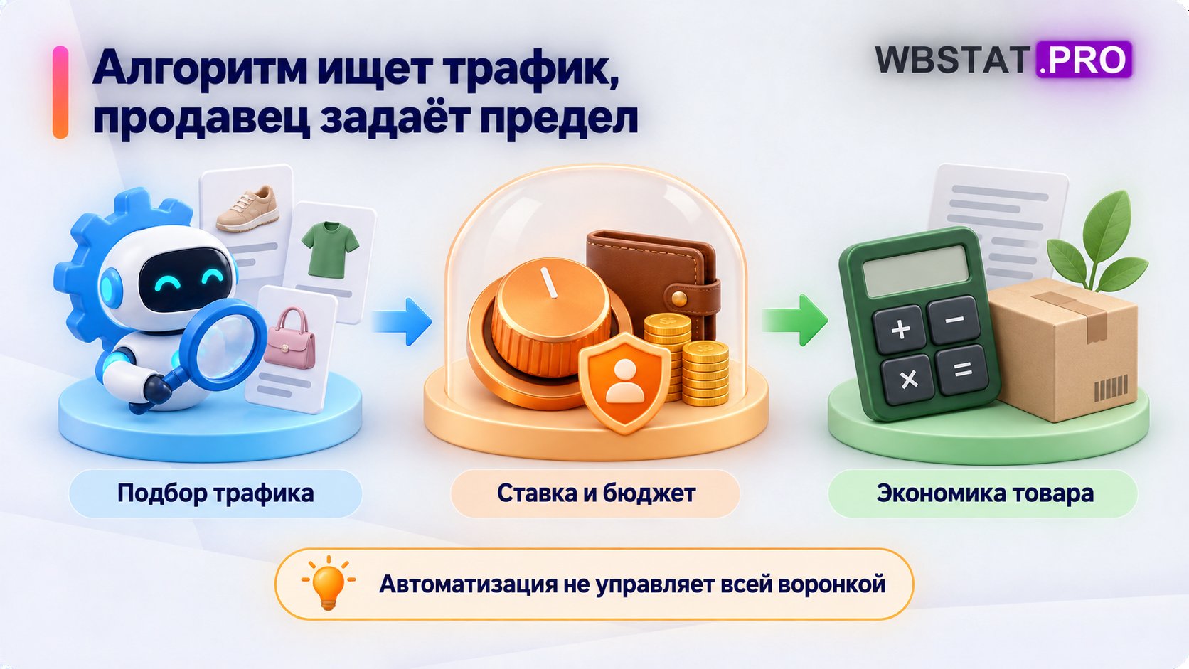 Алгоритм подбирает трафик, а продавец ограничивает ставку, бюджет и экономику товара.