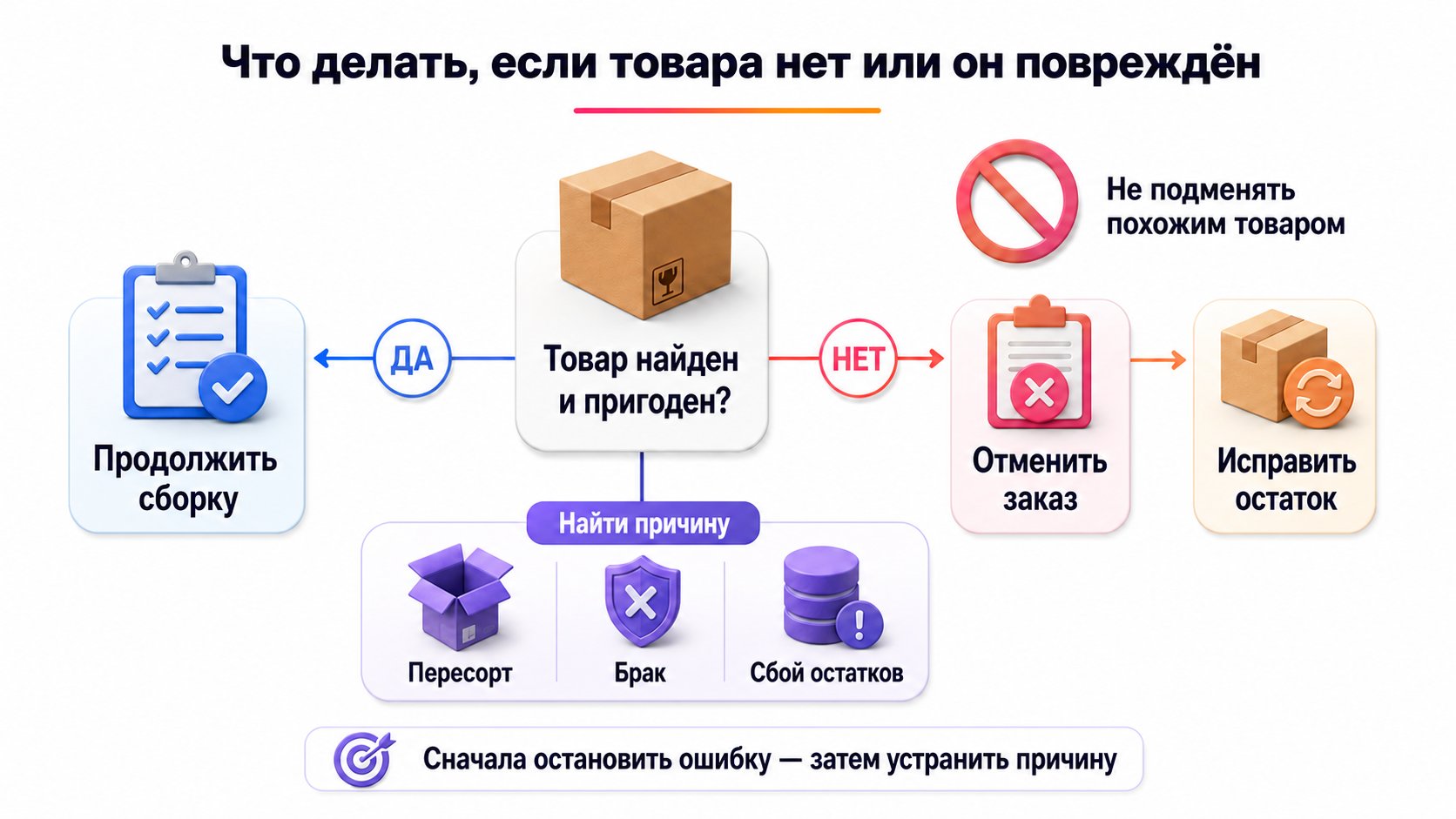 Что делать, если товара нет или он повреждён — Нельзя подменять товар: заказ отменяют доступным способом, остаток сразу исправляют, а причину дефицита устраняют отдельно.
