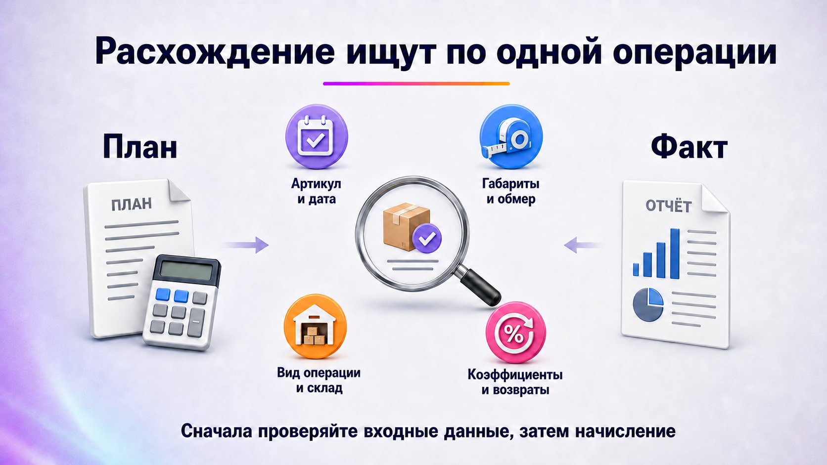 Почему фактическая логистика отличается от предварительного расчёта — Сопоставьте план и факт для одной операции по артикулу, дате, габаритам, виду логистики, складу и коэффициентам.