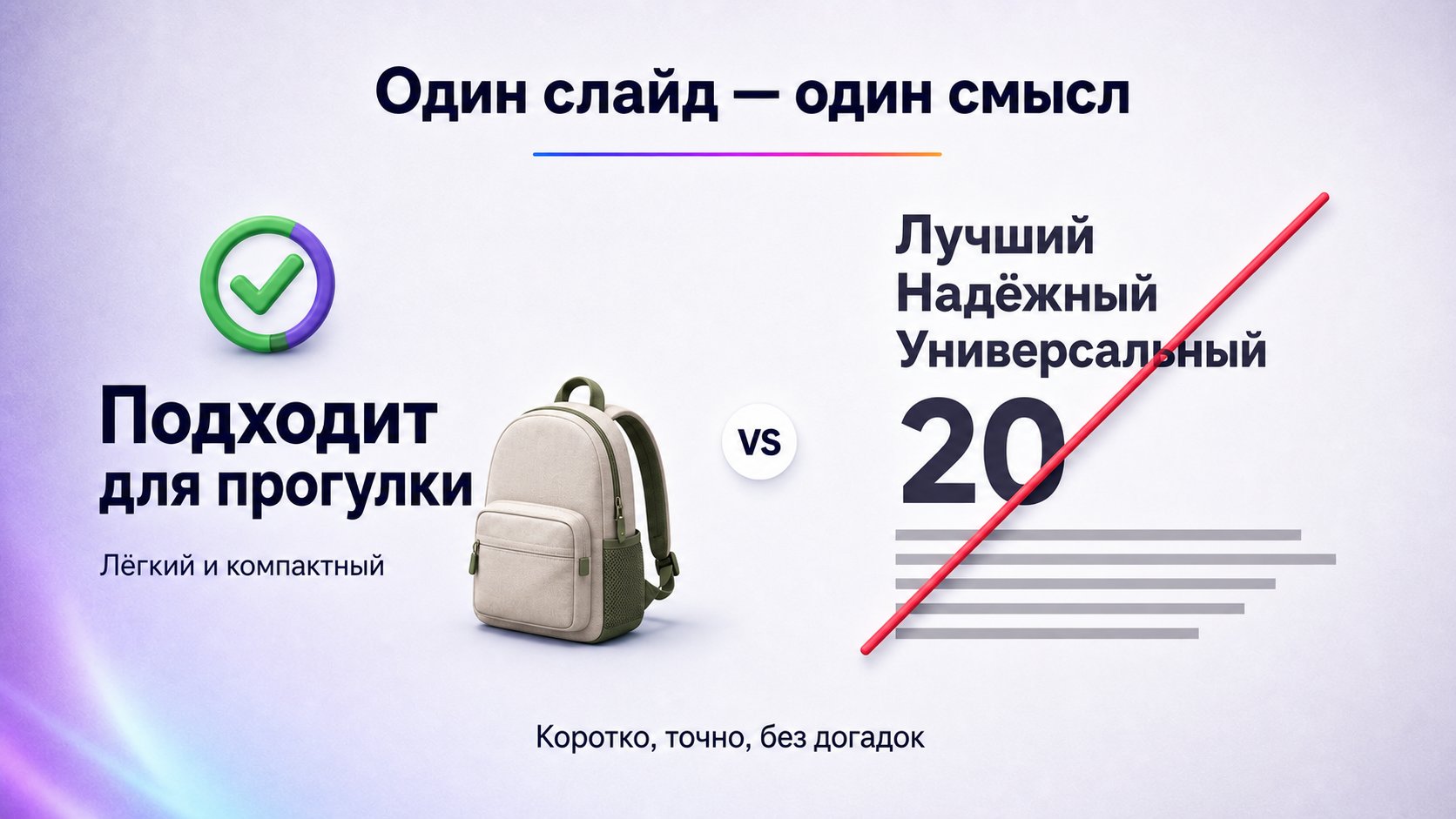 Как писать текст для слайдов Wildberries — Пишите короткими законченными фразами. Заголовок передаёт один смысл, подпись уточняет его только при необходимости. Число без единицы измерения, абстрактное превосходство и длинное предложение требуют от читателя догадок.