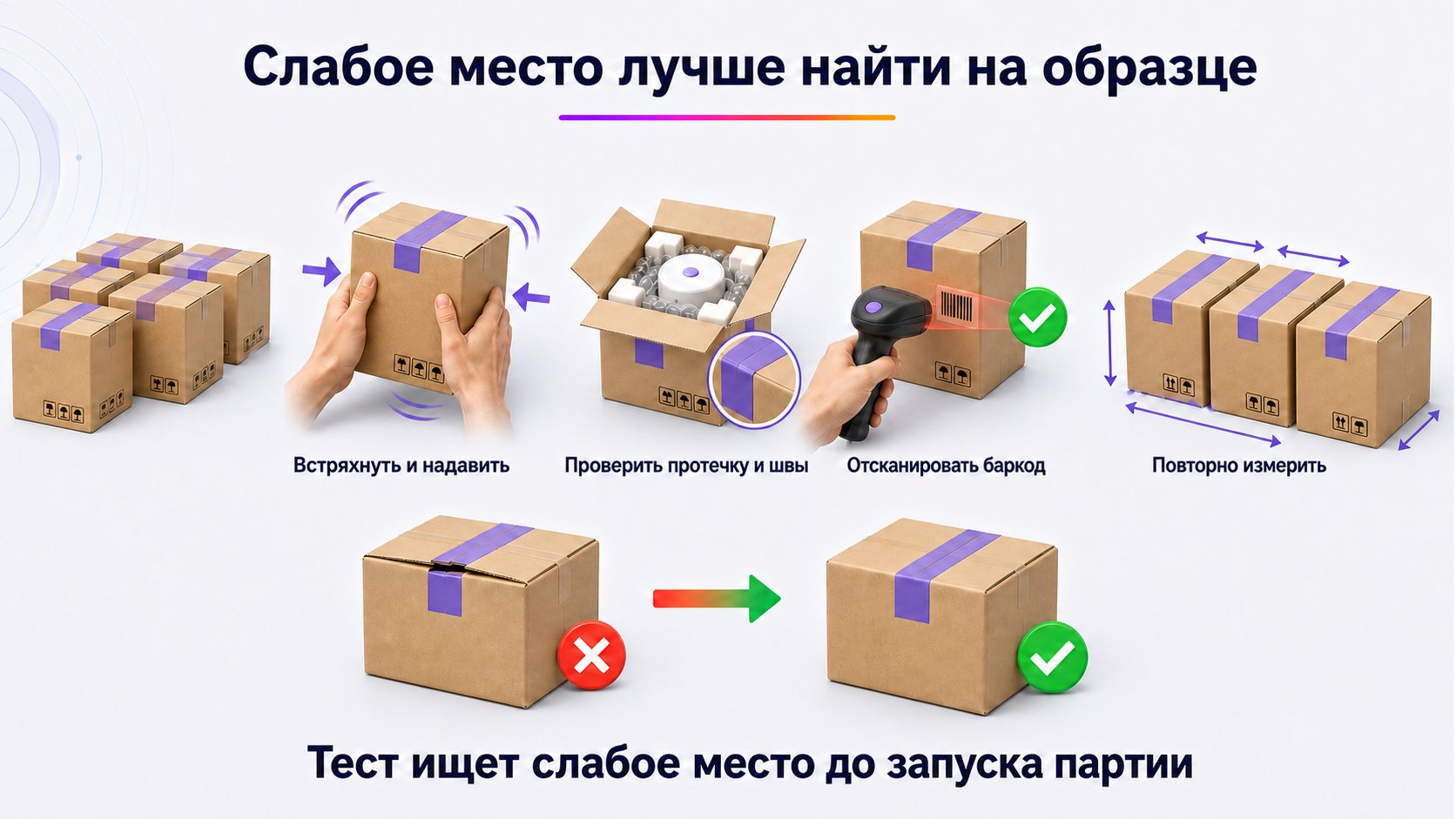 Как проверить упаковку до первой поставки — Соберите несколько серийных образцов и последовательно проверьте фиксацию, прочность, герметичность, швы, считывание баркода и повторяемость размеров.