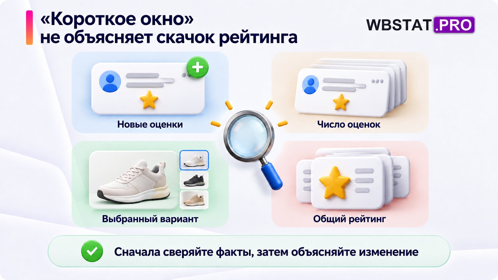 Четыре проверки перед объяснением скачка рейтинга: новые оценки, их число, вариант и общий показатель.