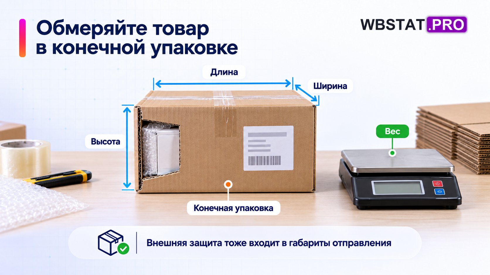 Измерение длины, ширины, высоты и веса конечной упаковки.