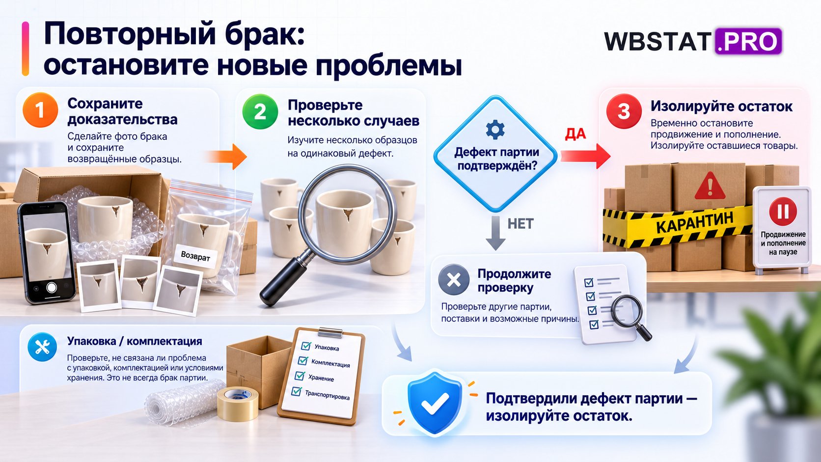 Доказательства по нескольким возвратам ведут к проверке партии и изоляции остатка при повторном дефекте.
