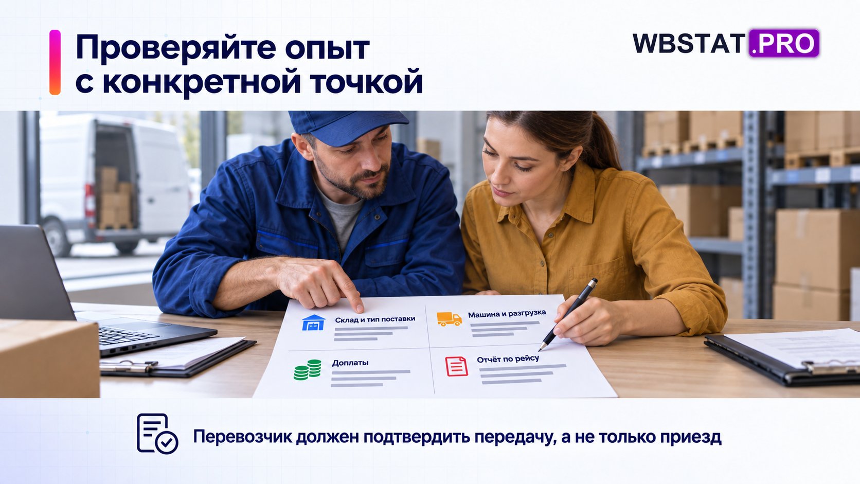 Перед рейсом согласуют точку, машину, доплаты и подтверждающий отчёт.
