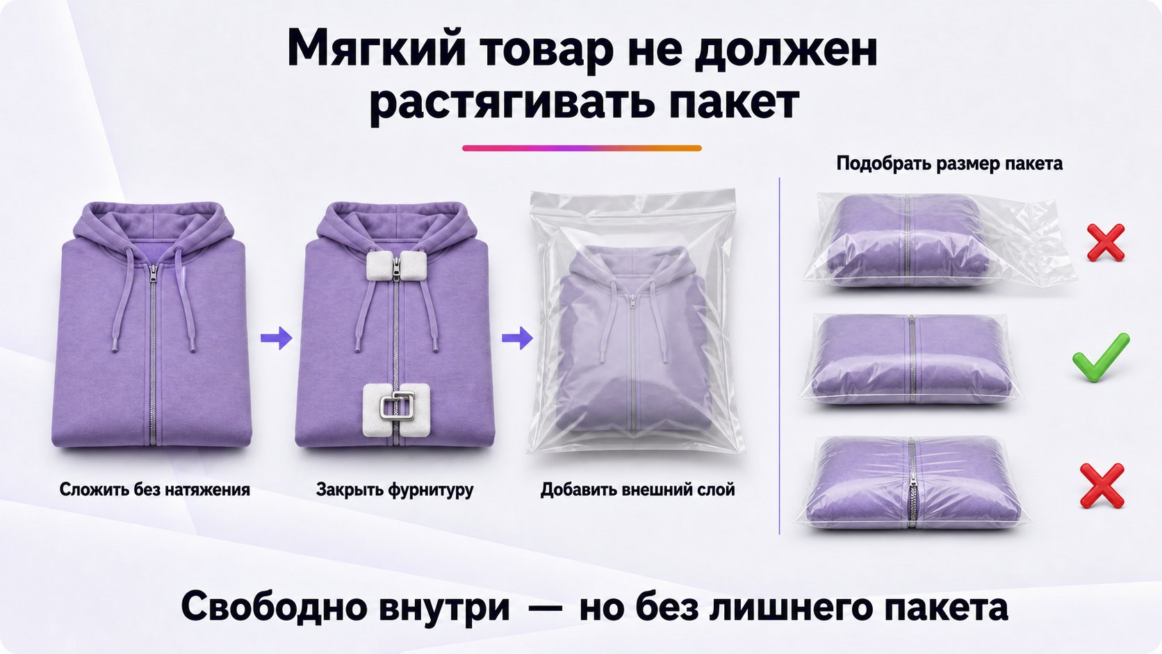 Как упаковывать одежду, текстиль и мягкие товары — Сложите изделие без натяжения, отдельно закройте жёсткую фурнитуру, добавьте внешний слой и подберите пакет без лишнего края.