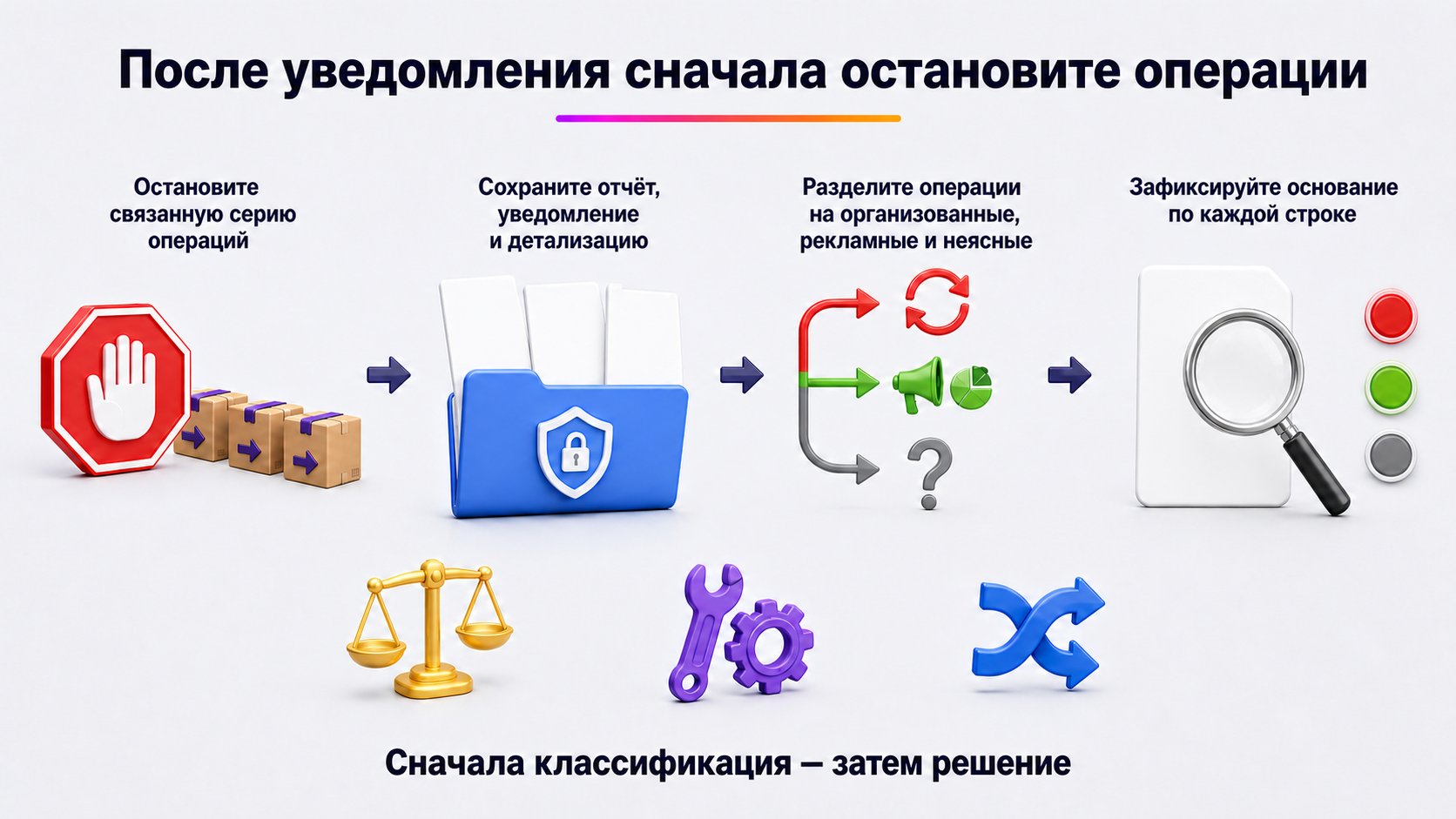Что делать после уведомления о самовыкупе — Остановите серию, сохраните доказательства, классифицируйте каждую операцию и только затем выбирайте спор, исправление процесса или оба действия.