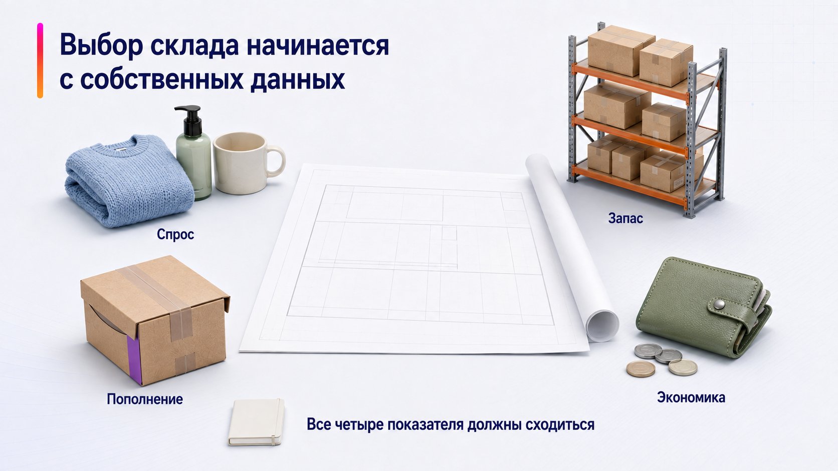 Какие данные собрать перед выбором склада Wildberries — Выбор склада начинается с собственных данных; Спрос — Запас — Пополнение — Экономика
