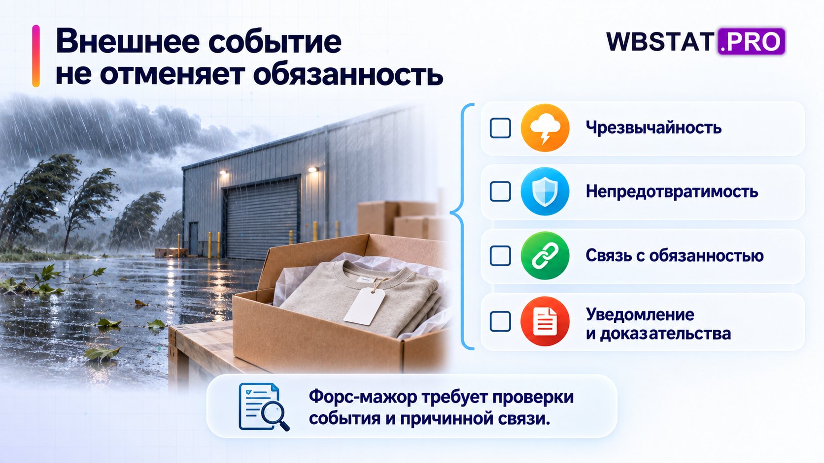 Внешнее событие не отменяет обязанность. Форс-мажор требует проверки события и причинной связи.