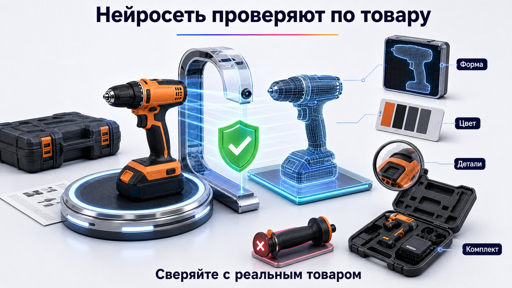 Как использовать нейросеть без фактических ошибок — Нейросеть можно применять для поиска композиций, очистки фона, черновых вариантов и технической ретуши. Каждый результат нужно сравнивать с реальным товаром: модель может изменить форму, количество деталей, надпись, цвет, крепление или комплектацию.