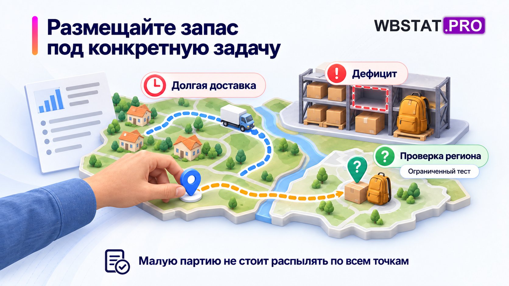 Распределение запаса решает наблюдаемую проблему, а новый регион проверяют ограниченно.; Доставка, дефицит и гипотеза нового спроса требуют разных решений.