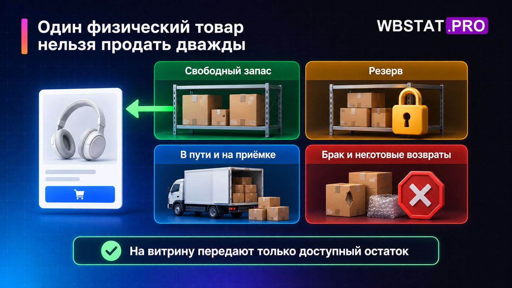 Четыре состояния запаса; на витрину направляется только свободный доступный товар.