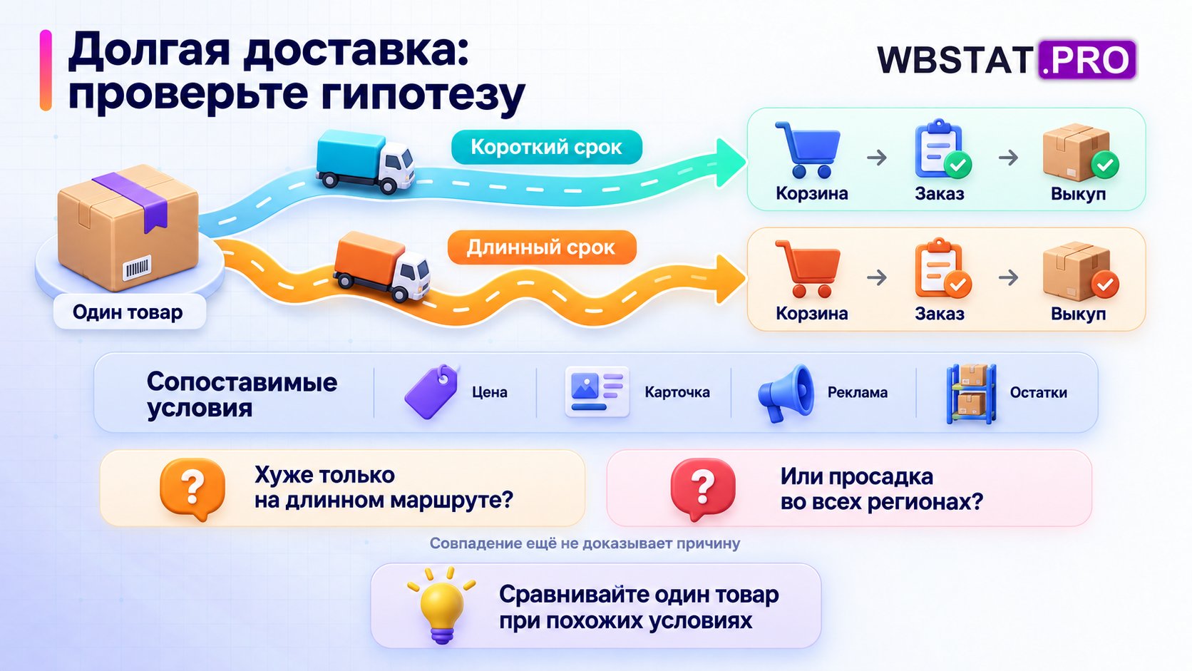 Один товар сравнивается на коротком и длинном маршрутах при похожих цене, карточке, рекламе и остатках.