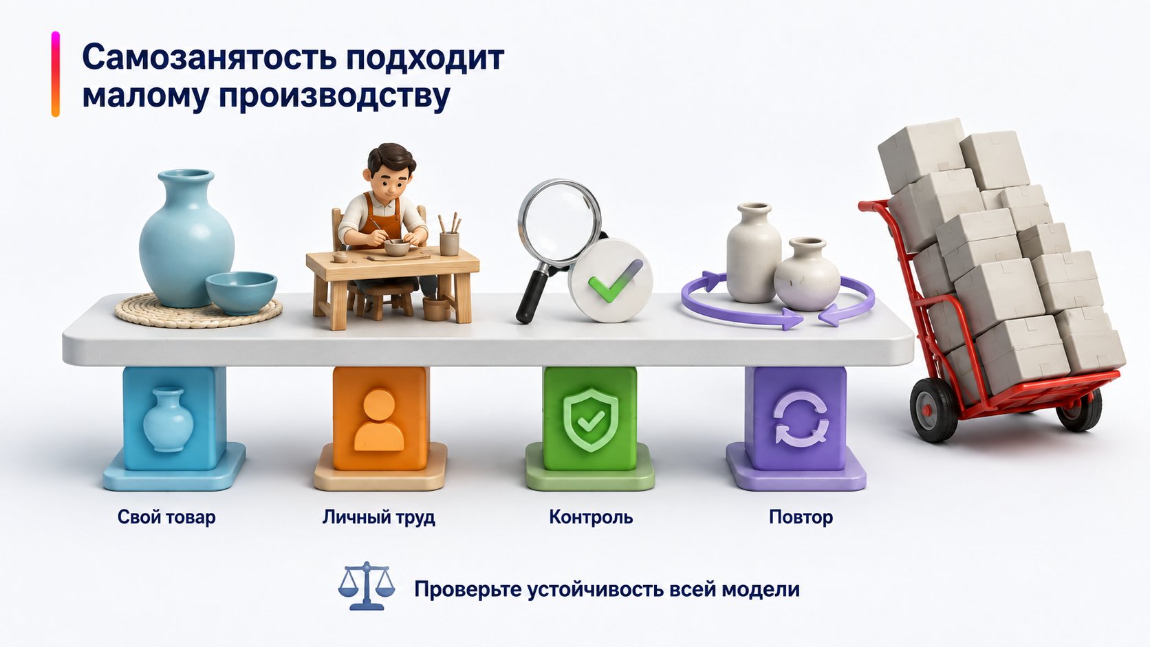Когда самозанятость подходит для Wildberries — Самозанятость подходит малому производству; Свой товар — Личный труд — Контроль — Повтор