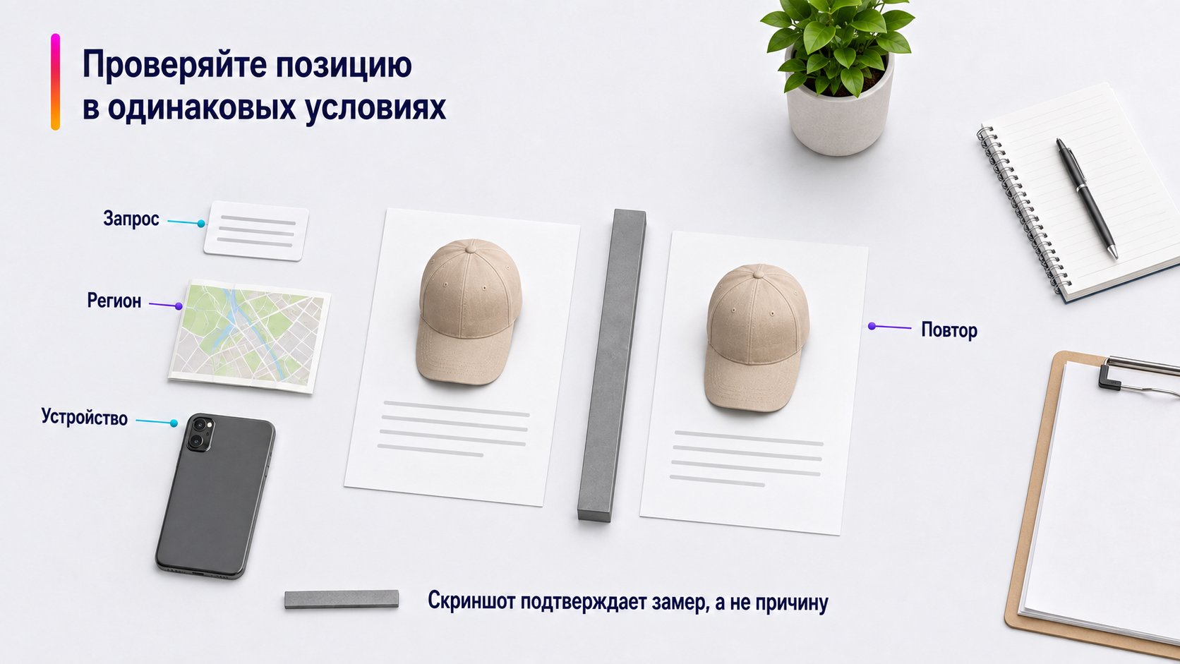 Как правильно проверить позицию товара в поиске Wildberries — Проверяйте позицию в одинаковых условиях; Запрос — Регион — Устройство — Повтор