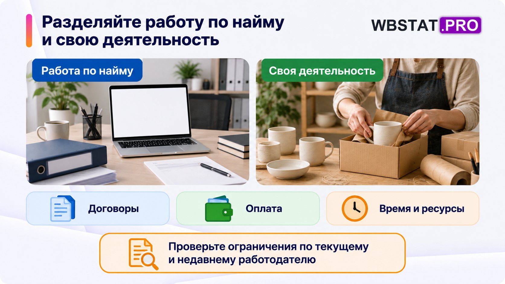 Работу по найму и собственную деятельность разделяют по договорам, оплате, времени и ресурсам.