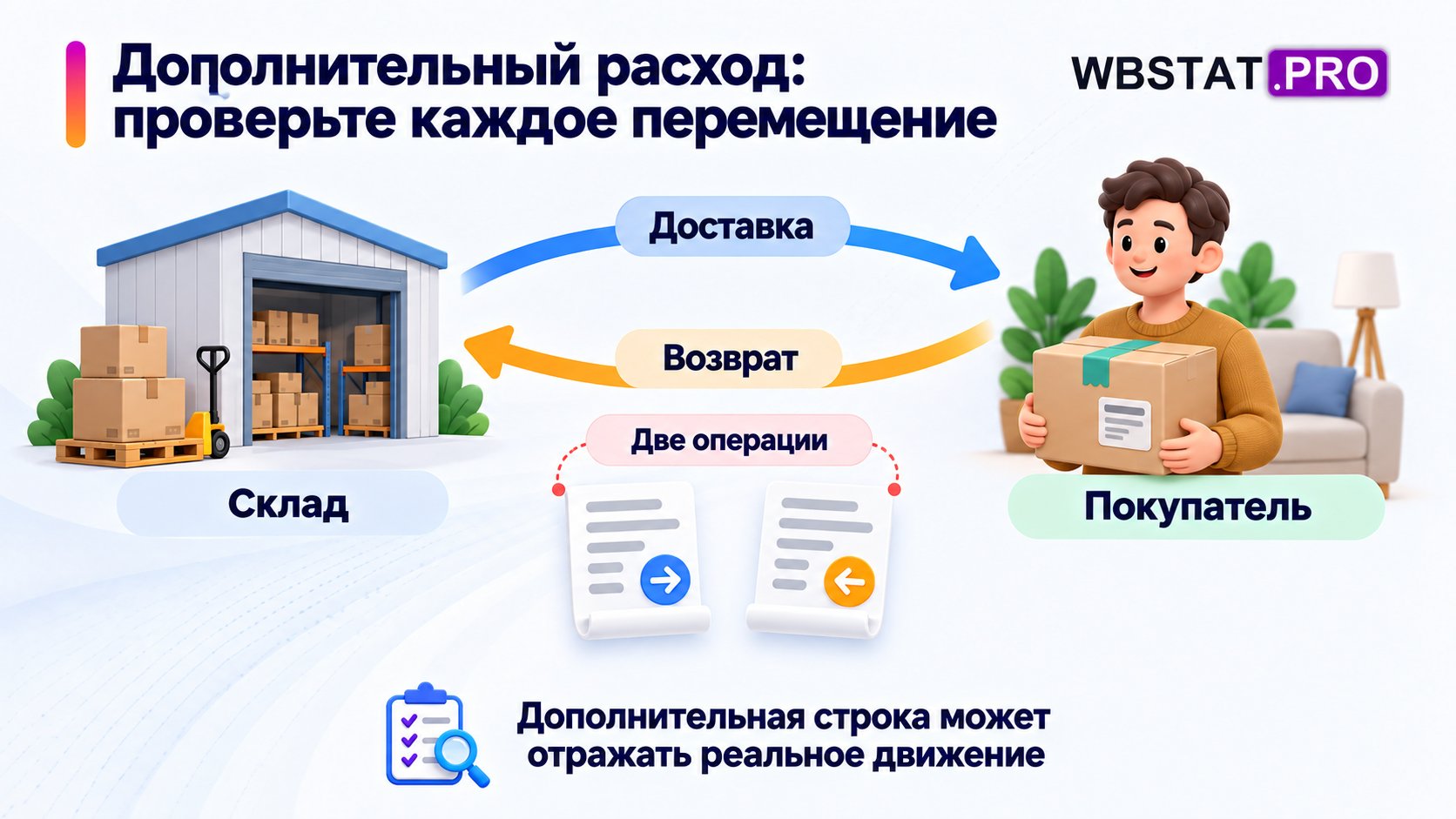 Доставка покупателю и возврат показаны как отдельные операции.