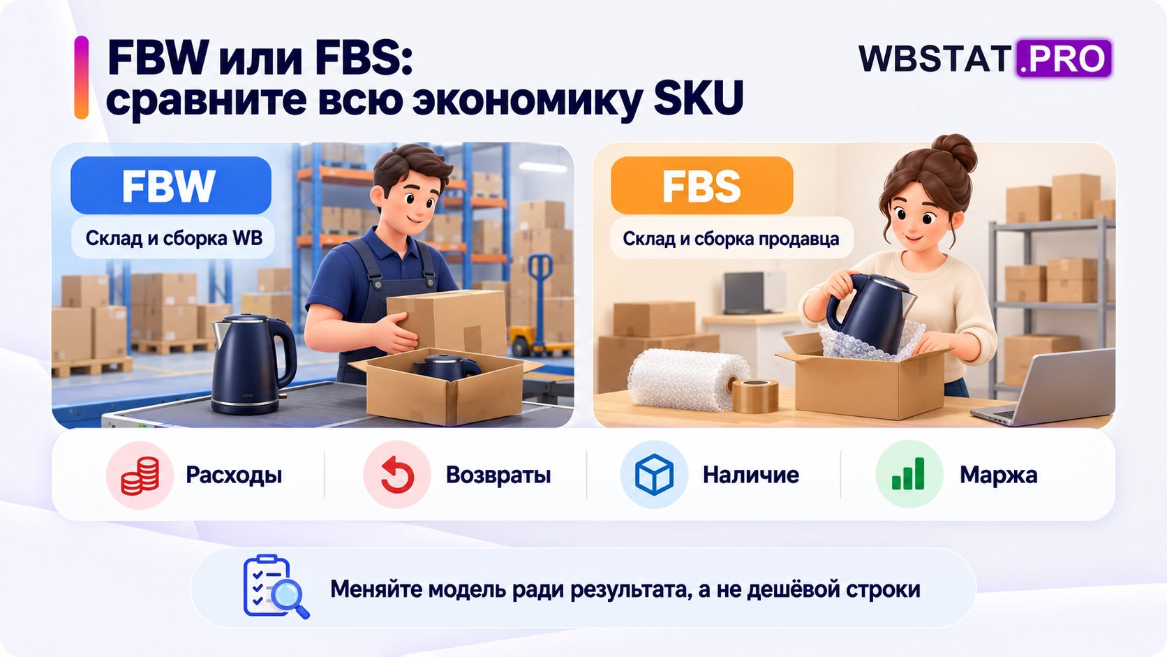 Сравнение FBW и FBS для одного товара по расходам, возвратам, наличию и марже.