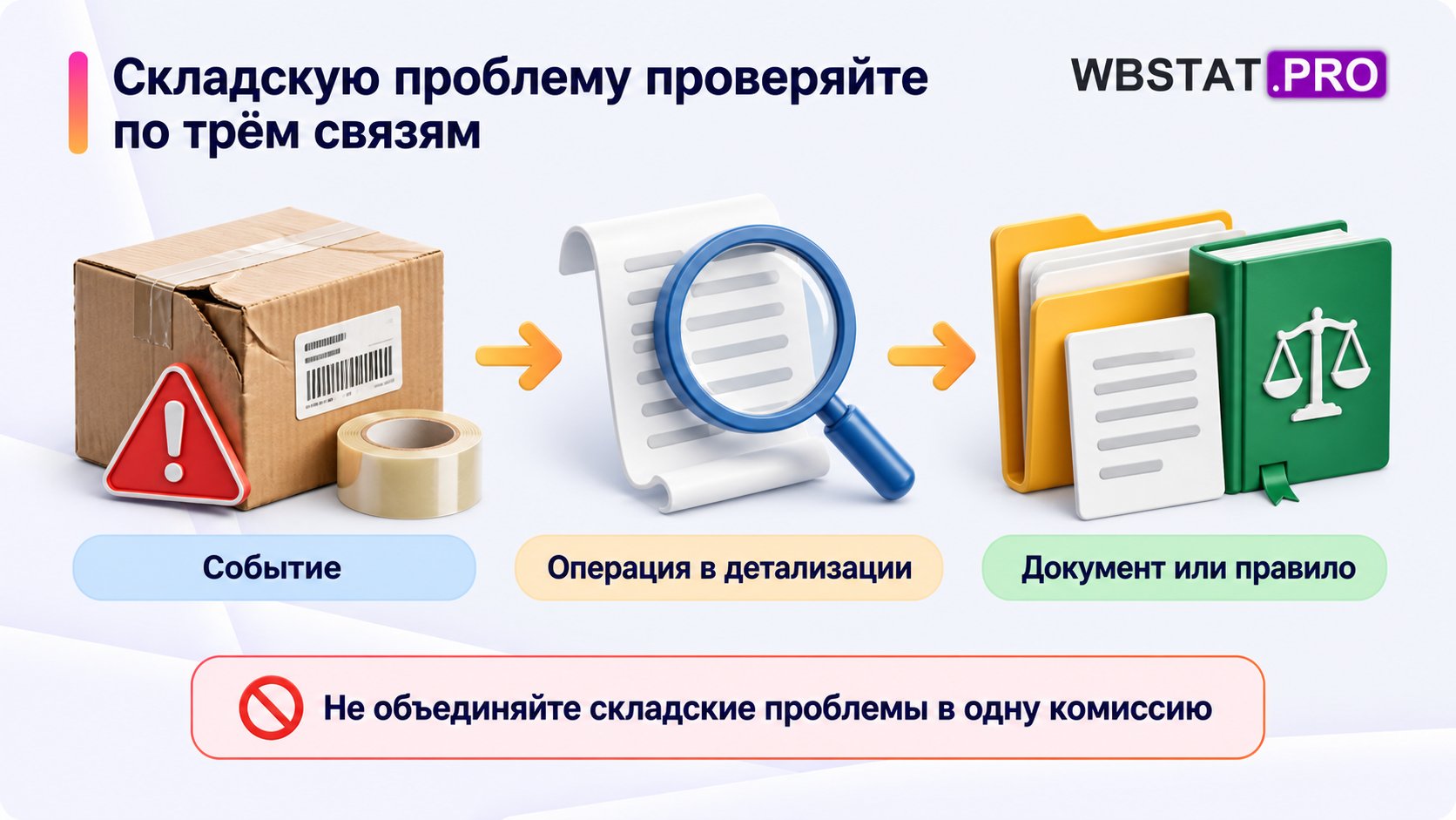 Проверка складской проблемы через событие, название операции и документальное основание.