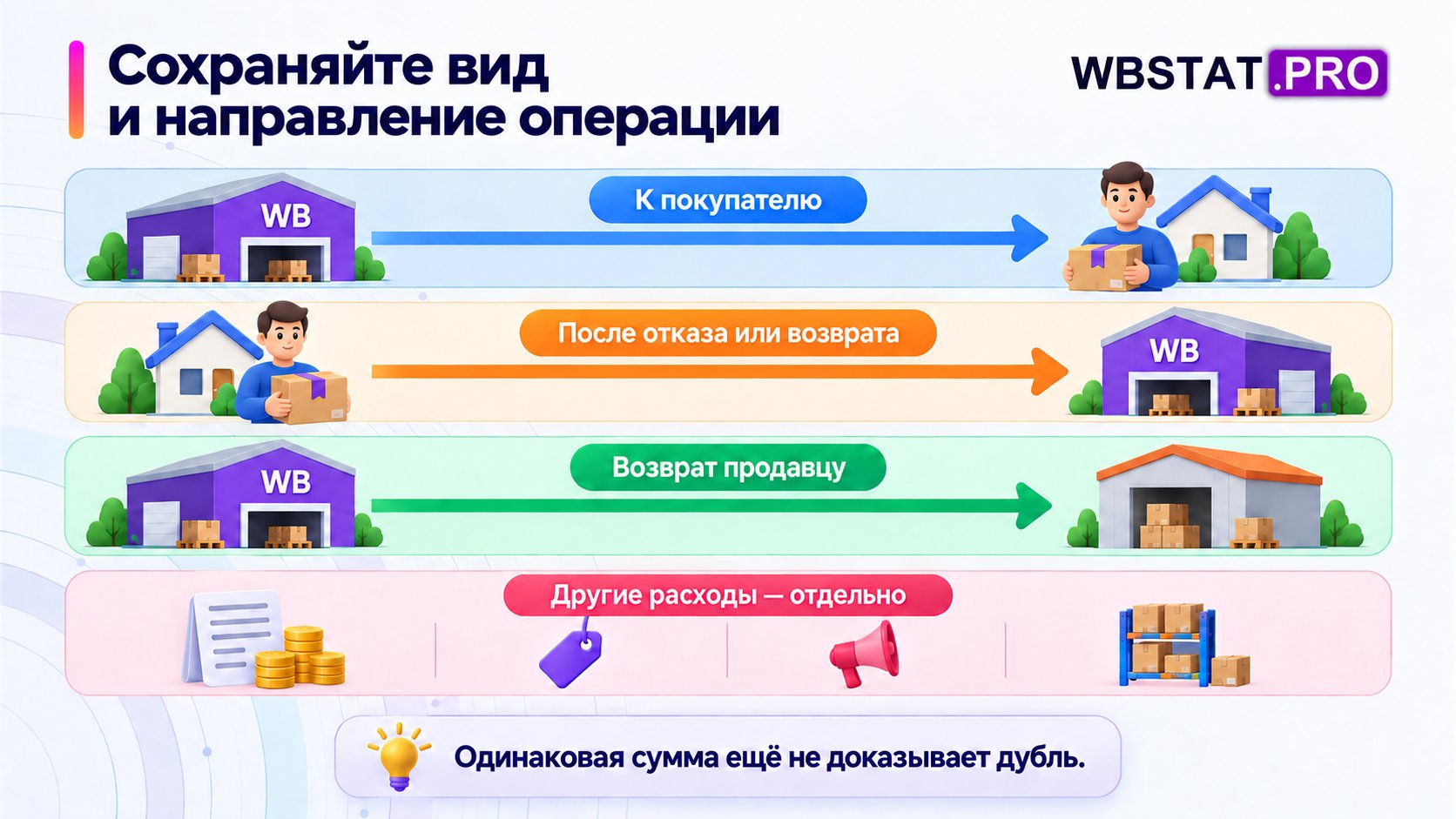Три маршрута различают доставку покупателю, обратное движение и возврат продавцу.
