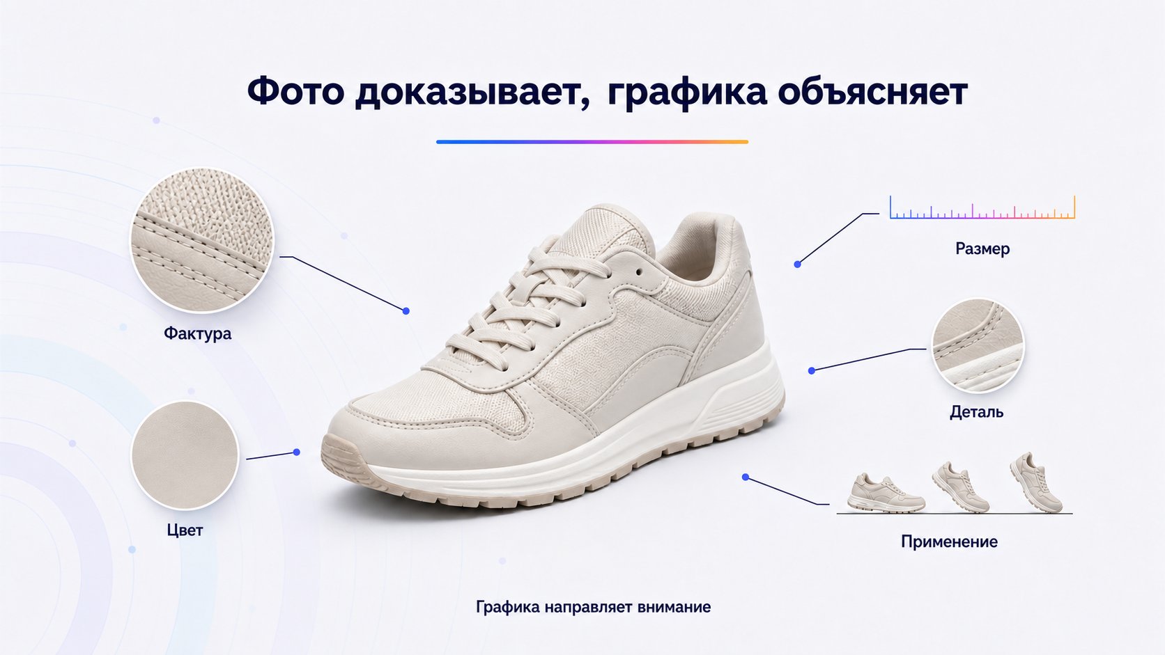 Как сочетать фотографию товара и графику — Фотография остаётся главным доказательством: она показывает форму, цвет, фактуру, масштаб и применение. Графика направляет внимание — подписывает деталь, показывает размер, соединяет элемент со смыслом или объясняет последовательность.