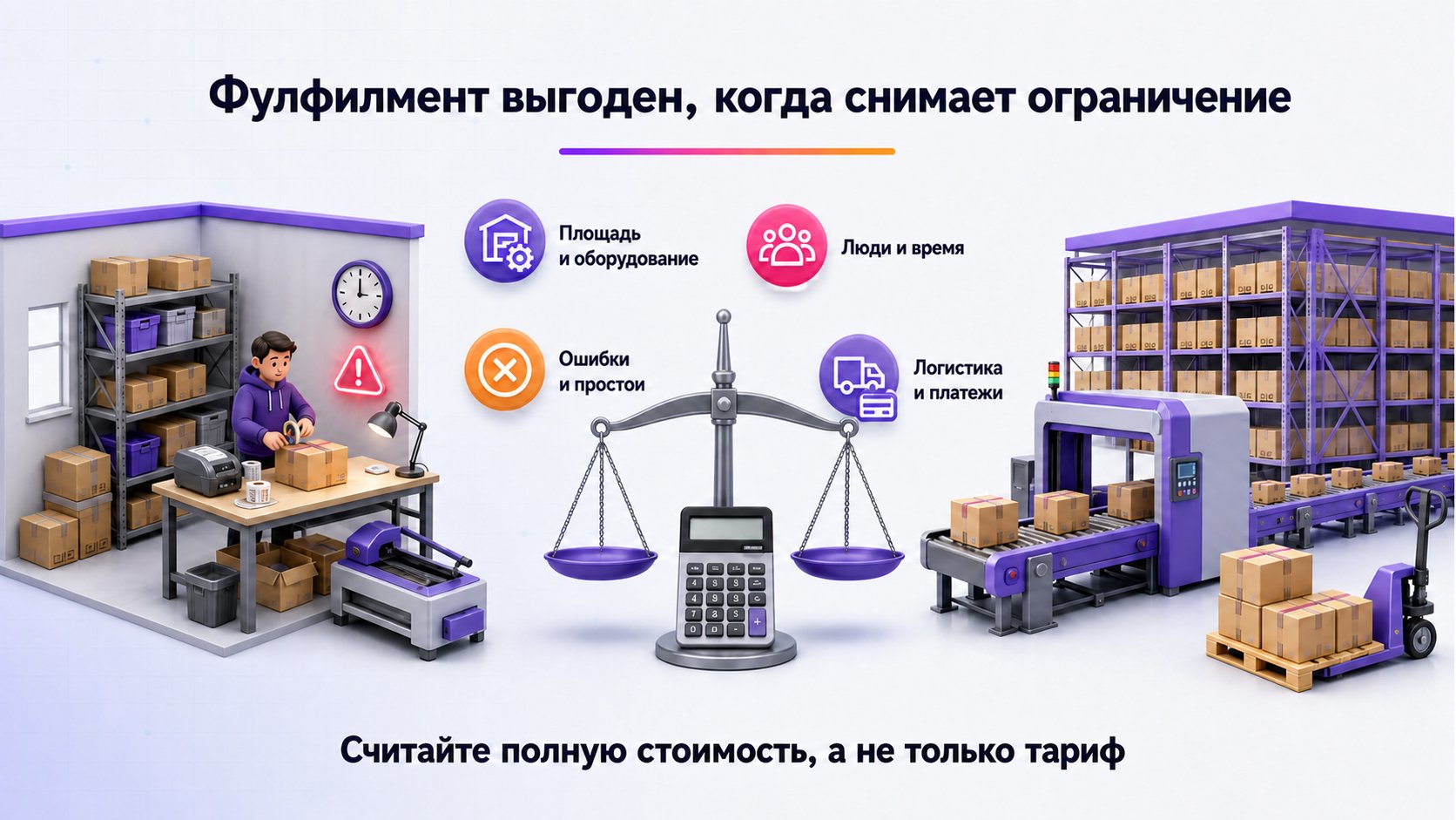 Когда селлеру выгодно передать операции фулфилменту — Сравнивайте два процесса на одном объёме: собственные затраты и ограничения против полной цены и качества подрядчика.