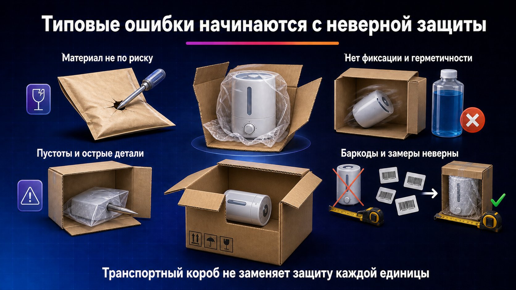 Какие ошибки в упаковке встречаются чаще всего — Проверяйте упаковку по рискам товара: фиксации, герметичности, острым частям, пустотам, баркоду и размерам после финальной упаковки.
