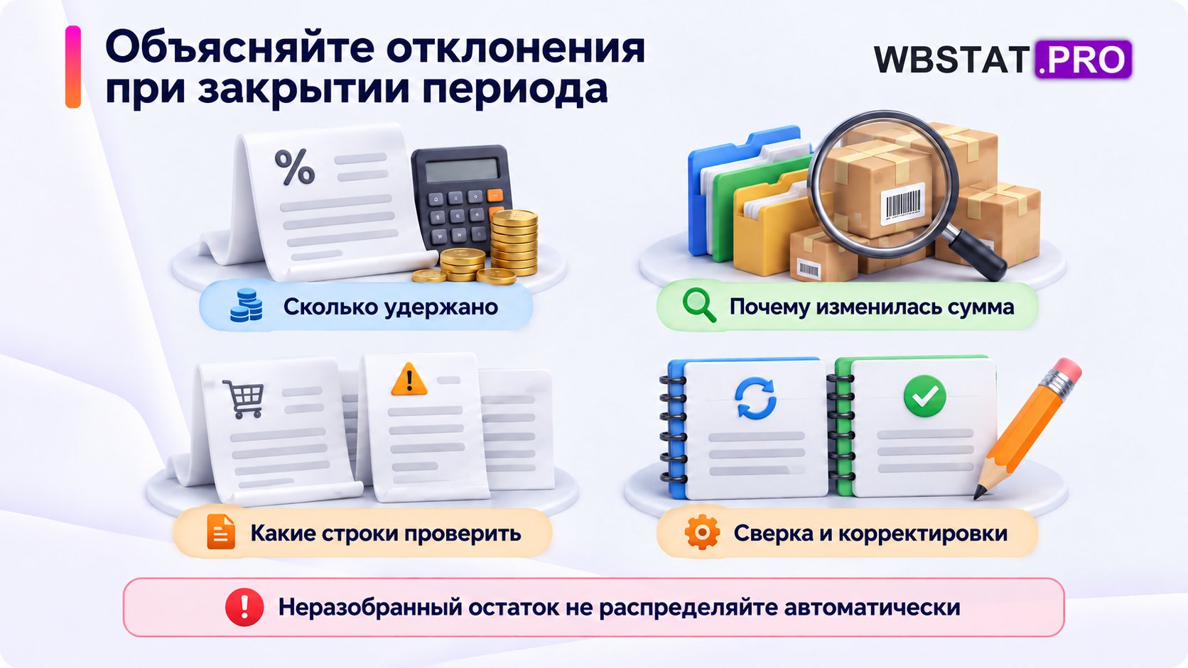 Четыре задачи отчёта:сумма комиссии,причины изменения,строки проверки,сверка и зафиксированные корректировки.