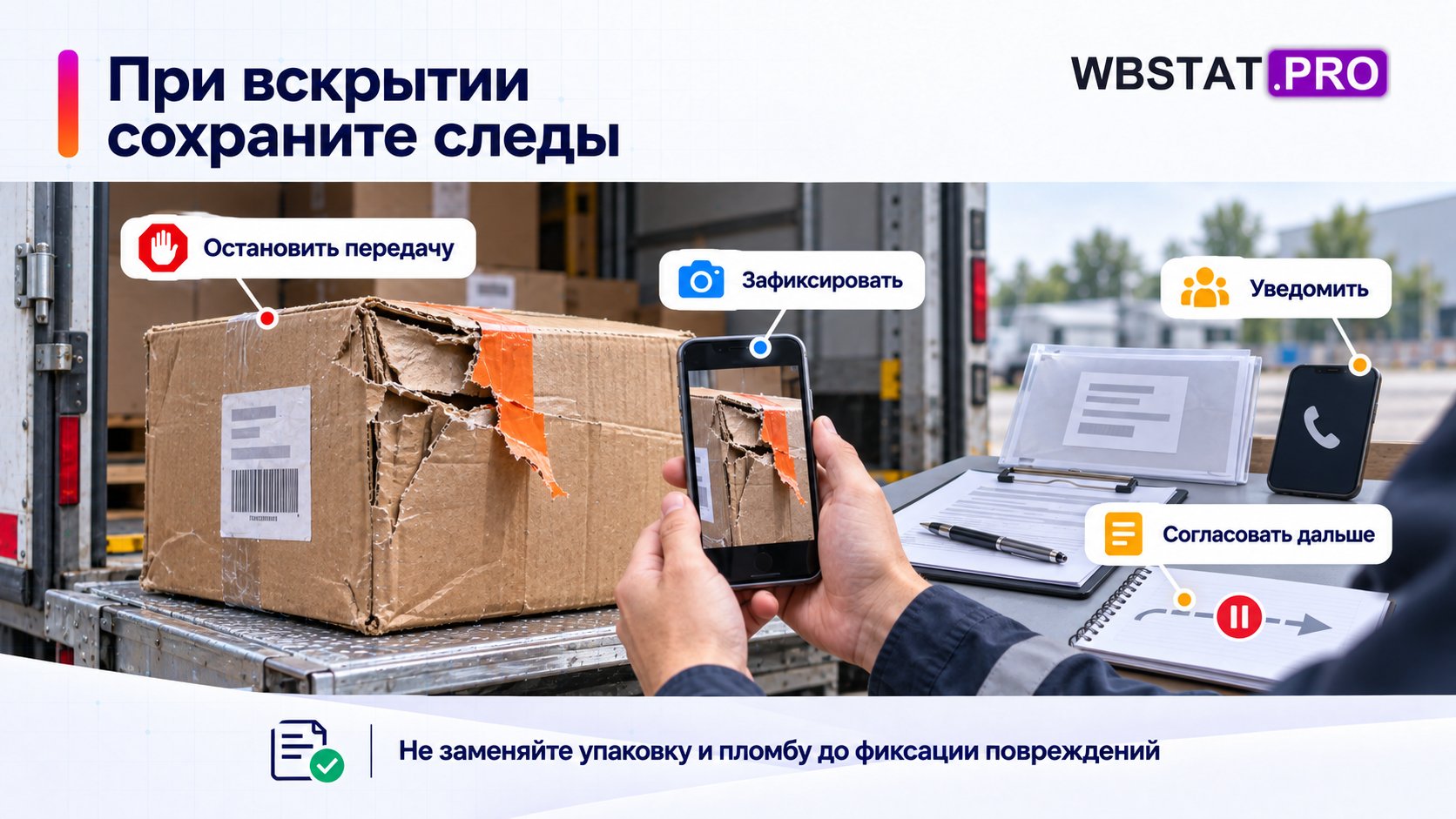 При признаках вскрытия сначала сохраняют состояние и уведомляют ответственных.; Продолжение маршрута согласуют после фиксации и установления затронутых мест.