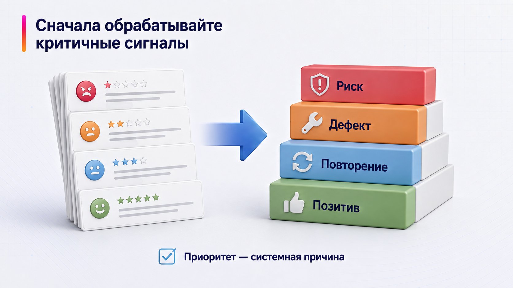 Какие отзывы обрабатывать в первую очередь — Сначала обрабатывайте критичные сигналы; Риск — Дефект — Повторение — Позитив