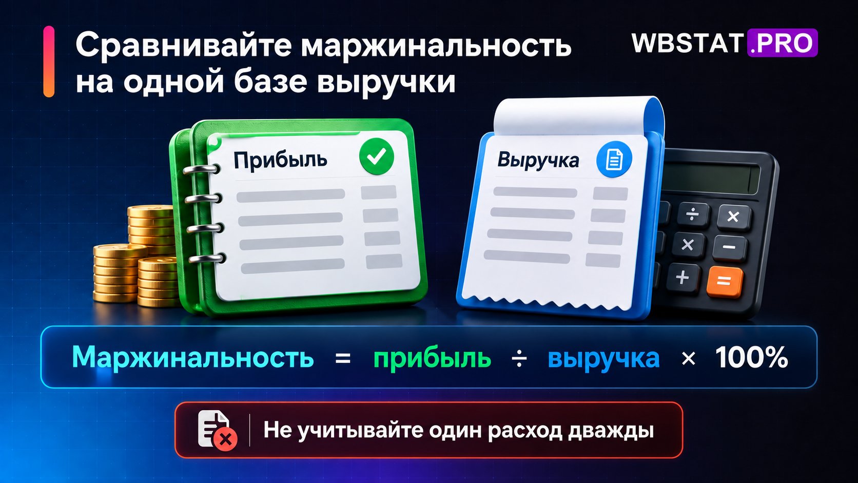 Расчёт маржинальности через прибыль и единую базу выручки без двойного учёта расходов.