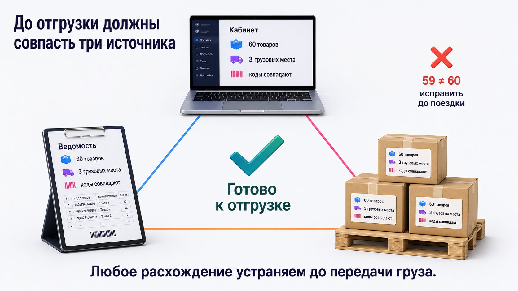 Как проверить созданную поставку перед отгрузкой — Перед отгрузкой кабинет, ведомость и физический груз должны полностью совпасть.