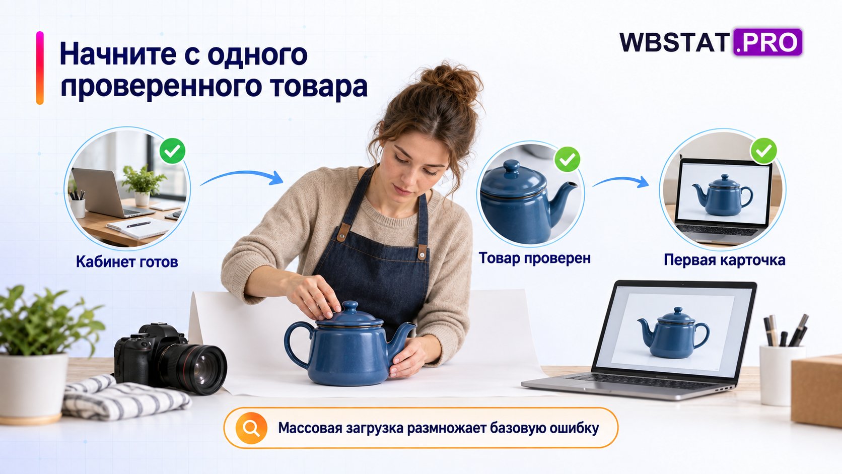 Один проверенный товар проходит от готового кабинета к первой карточке.