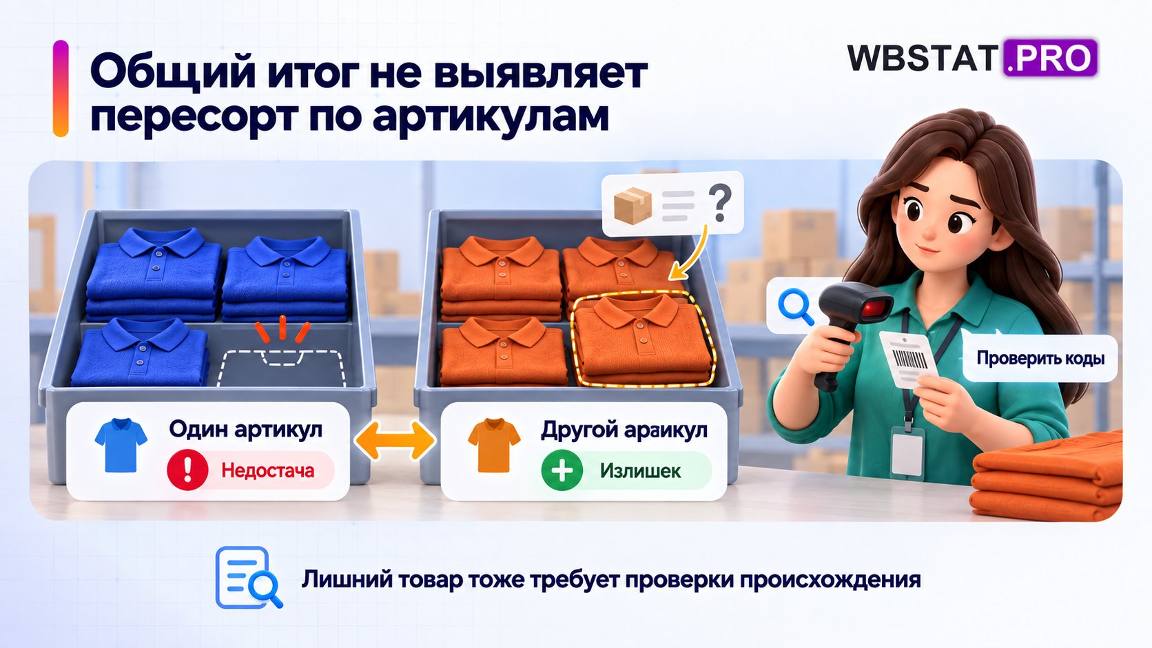 Пересорт проверяют по артикулам, а не общему итогу.; Недостача одного и излишек другого могут быть связаны; коды и происхождение проверяются.