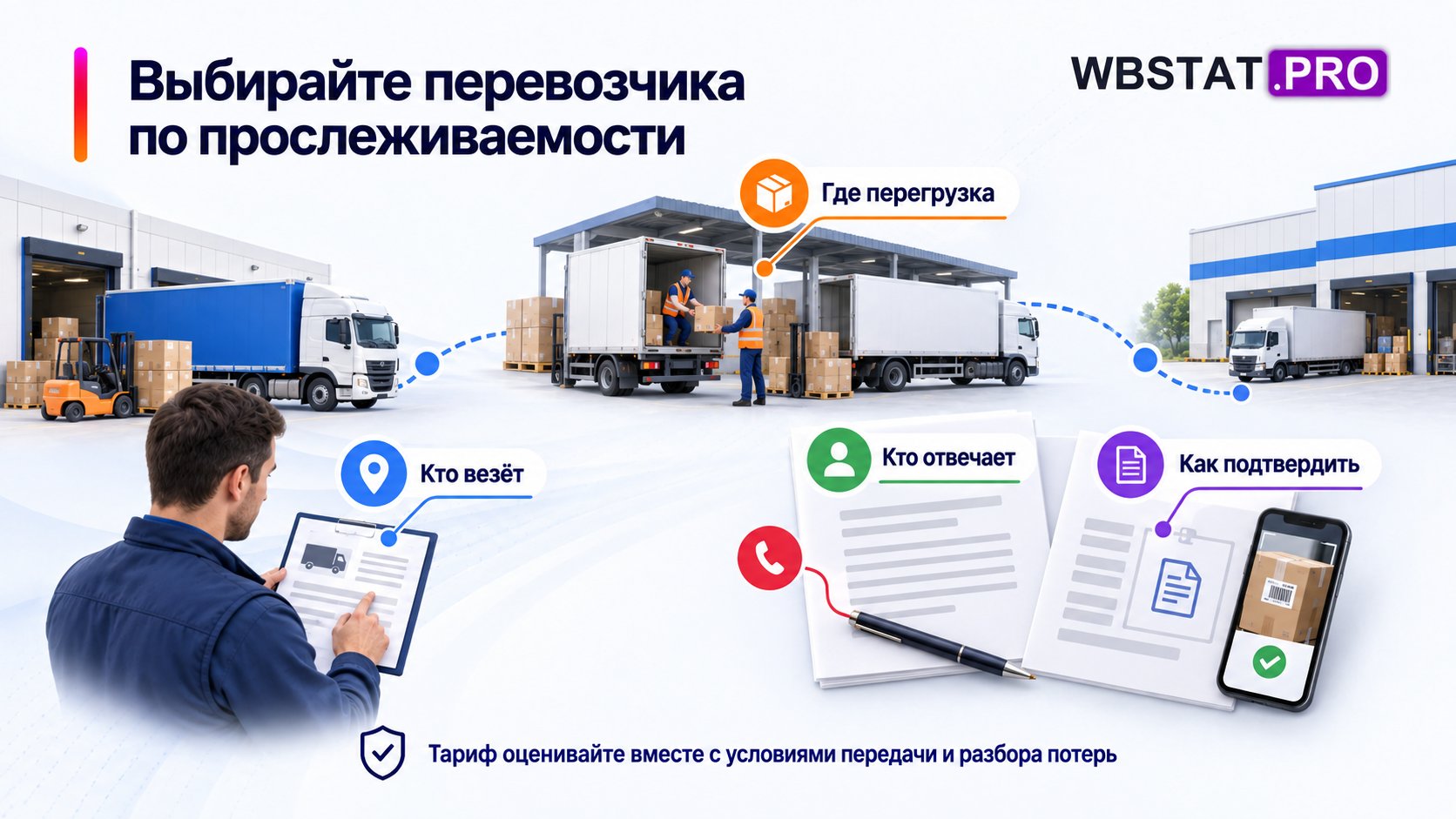 Перевозчика оценивают по реальному маршруту, участникам и подтверждению передачи.; При привлечении другой машины заранее определяют ответственность и фиксацию перегрузки.