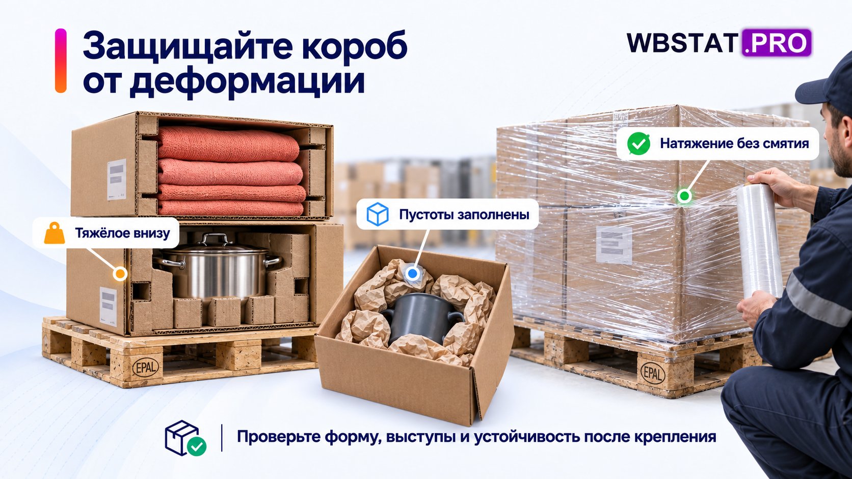 Размер, прочность, заполнение пустот и порядок укладки защищают от смятия.; Крепление не должно деформировать короб; после него проверяют геометрию и устойчивость.