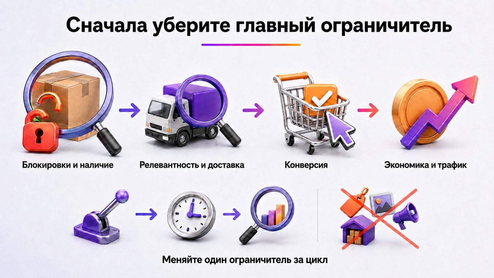 Какие показатели исправлять в первую очередь — Работайте по приоритету: блокировки и наличие, затем релевантность и доставка, конверсия, и только после положительной экономики — масштабирование трафика.