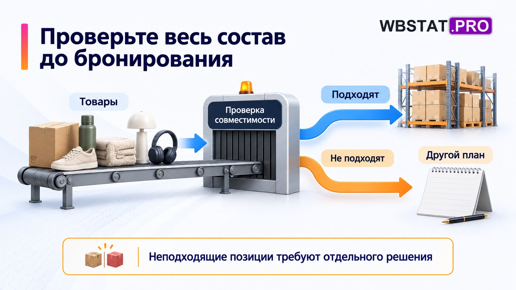 После проверки совместимости товары разделяют на подходящие и неподходящие; для неподходящих нужен другой план.